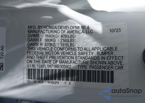 2024 Honda Civic Ex-L z USA, uszkodzony, nr VIN 19XFL1H71RE005902